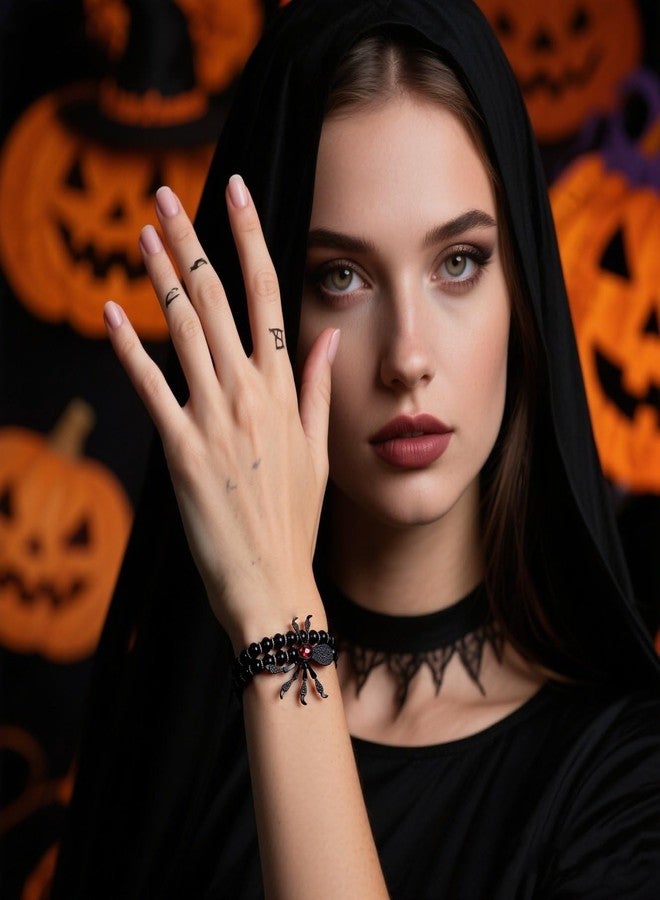 Lookray Gothic Witch Spider Bracelet for Women Punk Black Stretch Beaded Bracelet Black Widow Spider Bracelet Rock Halloween Witch Cosplay Costume Accessories(style3) - Image 3